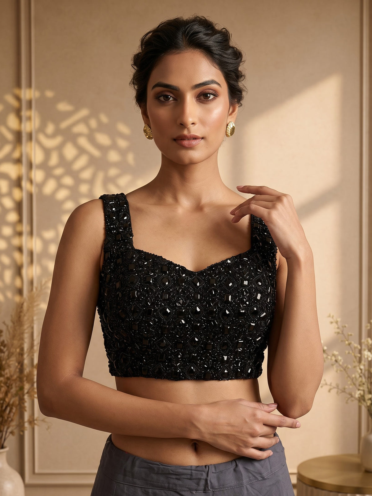 Black net unstitched designer saree with sequin embellishments