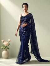 Blue satin silk designer saree with embellished tassel pallu