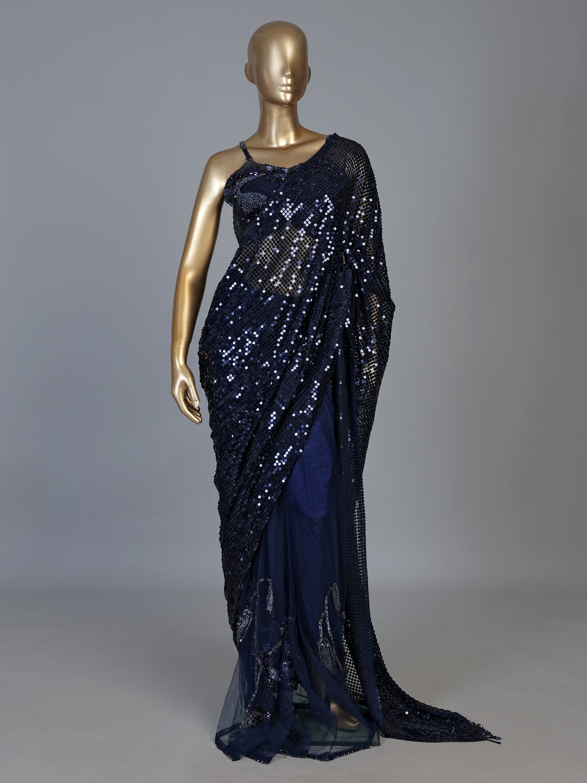 Blue satin silk designer saree with embellished tassel pallu