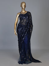 Blue satin silk designer saree with embellished tassel pallu