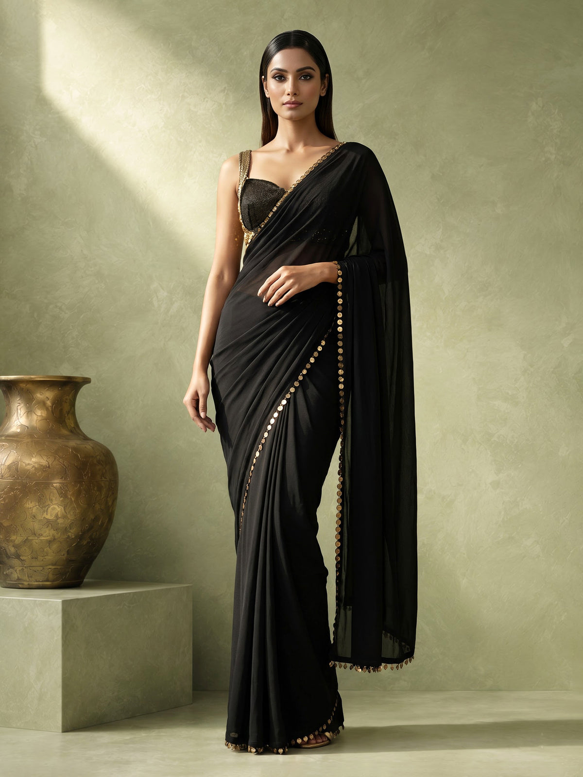 Black silk designer saree with elegant coin embellishments