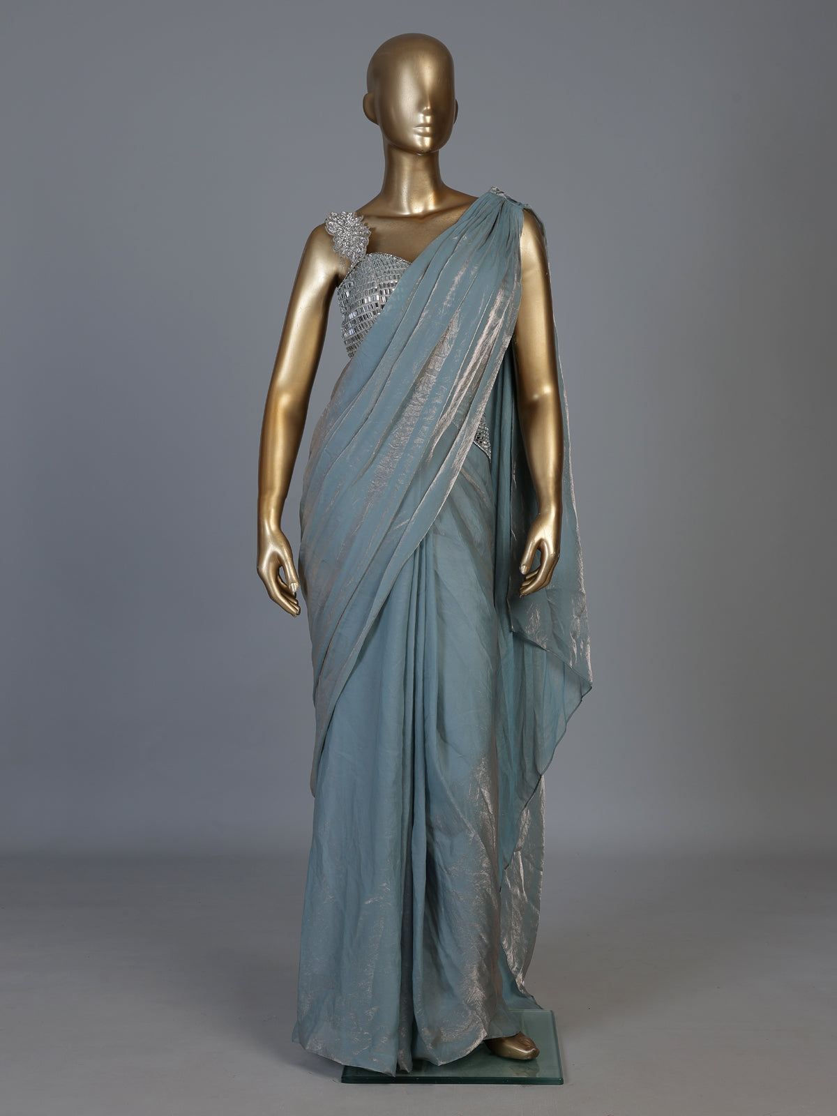 Pastel mint blue tissue silk ready to wear saree