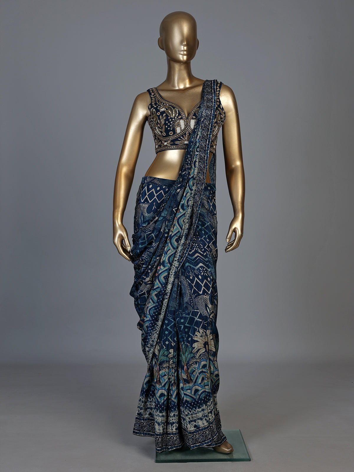 Blue satin silk ready to wear designer saree with embellishments