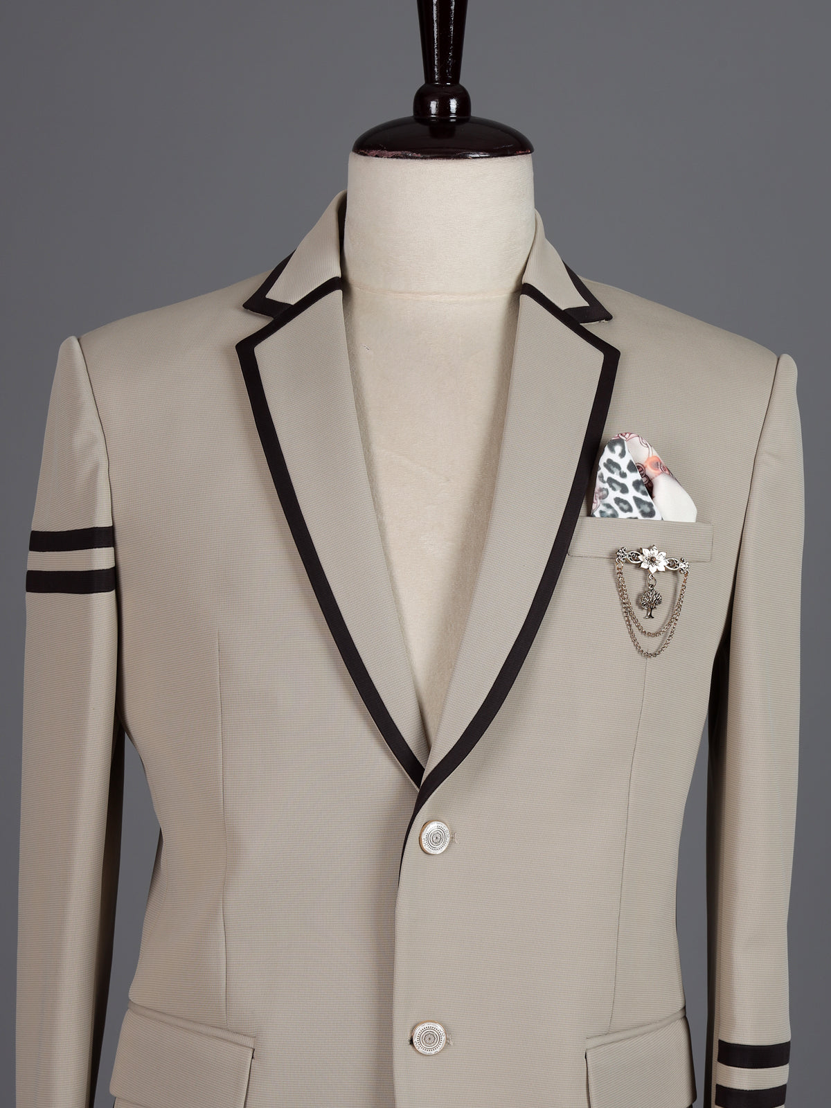 Beige terry rayon blazer for men with black piping accents