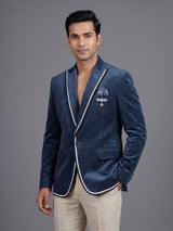 Blue denim blazer for men with contrast white piping