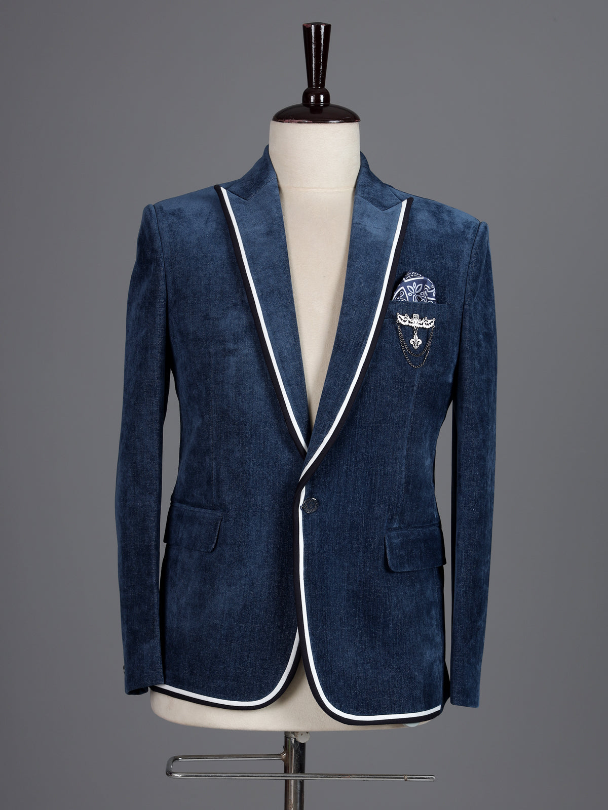 Blue denim blazer for men with contrast white piping