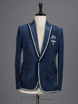 Blue denim blazer for men with contrast white piping