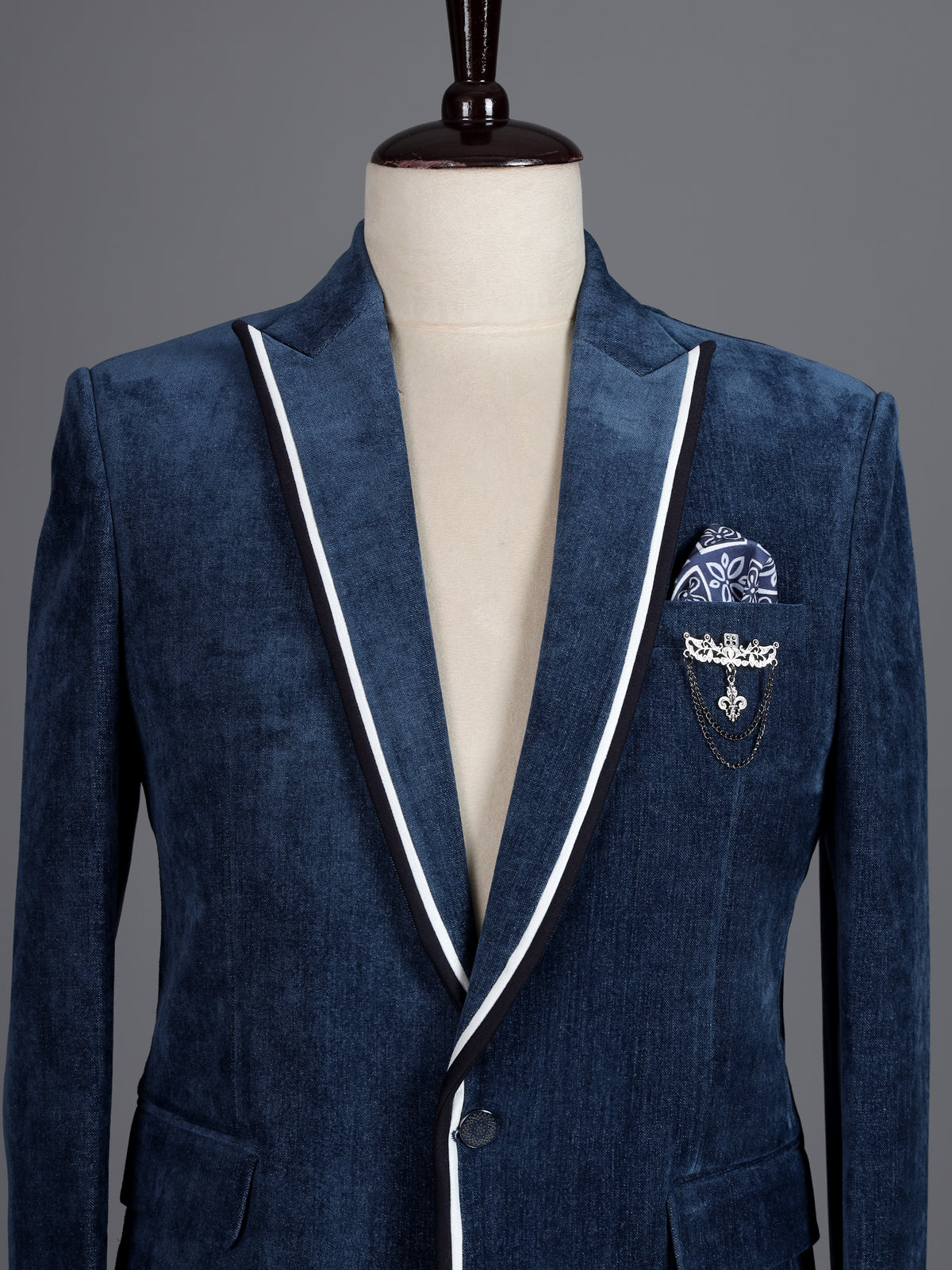 Blue denim blazer for men with contrast white piping