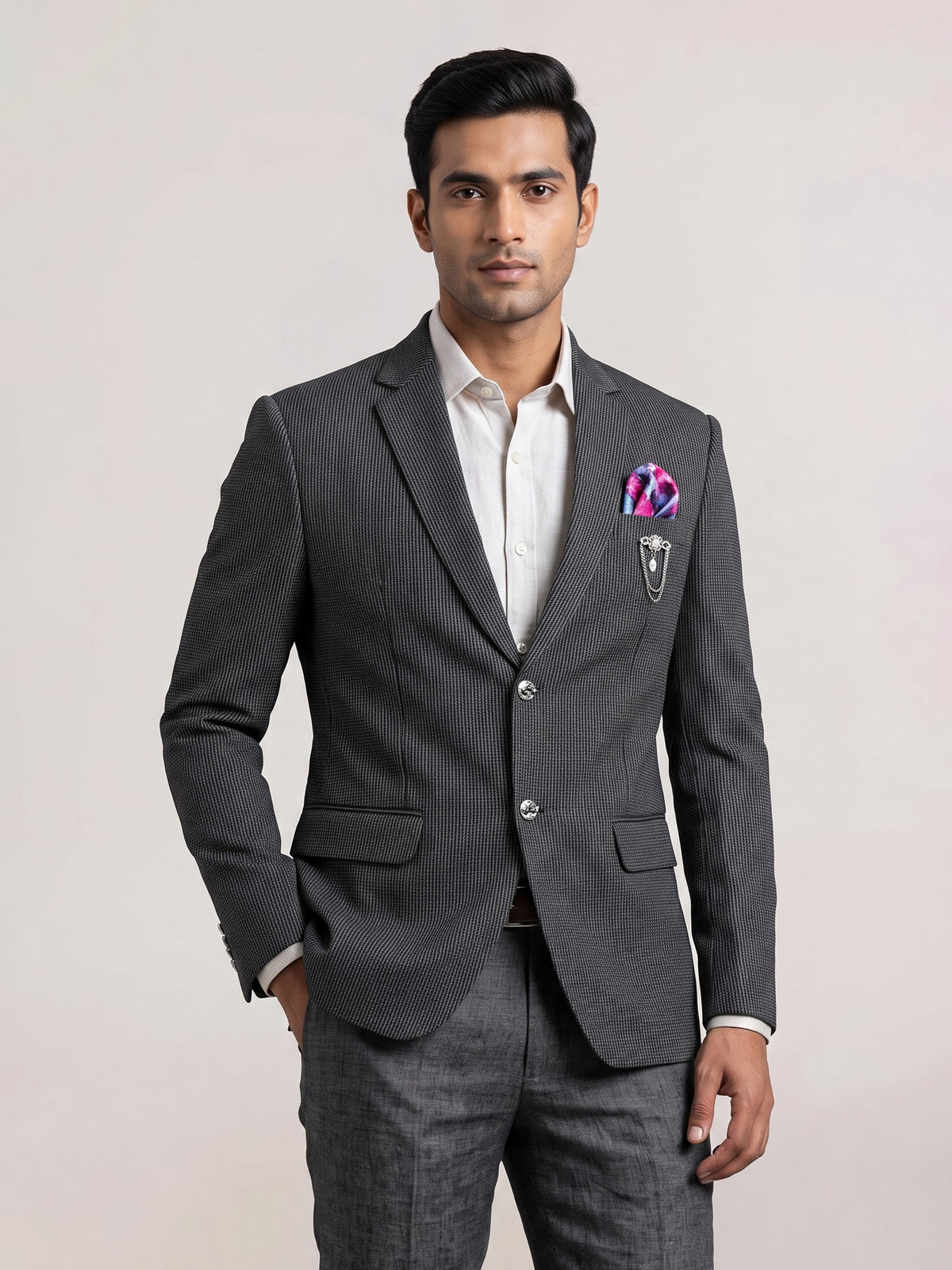Charcoal grey birdseye textured blazer for men evening occasions
