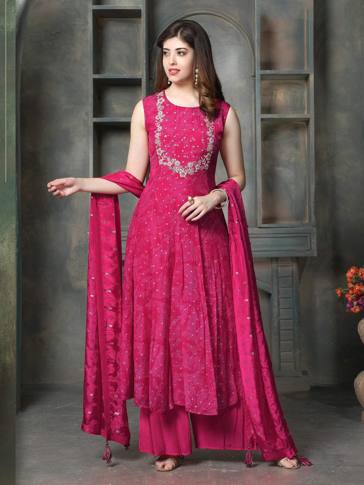 Pink georgette silk women bandhani anarkali palazzo suit