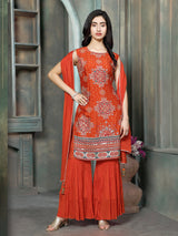 Rust orange georgette silk women Mughal floral sharara suit