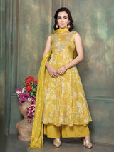 Yellow georgette silk women floral anarkali palazzo suit
