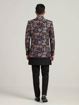 Black terry rayon indowestern ensemble for men with floral thread jacket