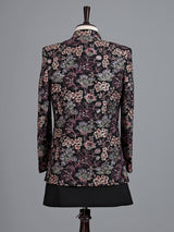 Black terry rayon indowestern ensemble for men with floral thread jacket