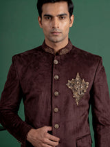 Royal brown micro velvet Jodhpuri suit for men with crest