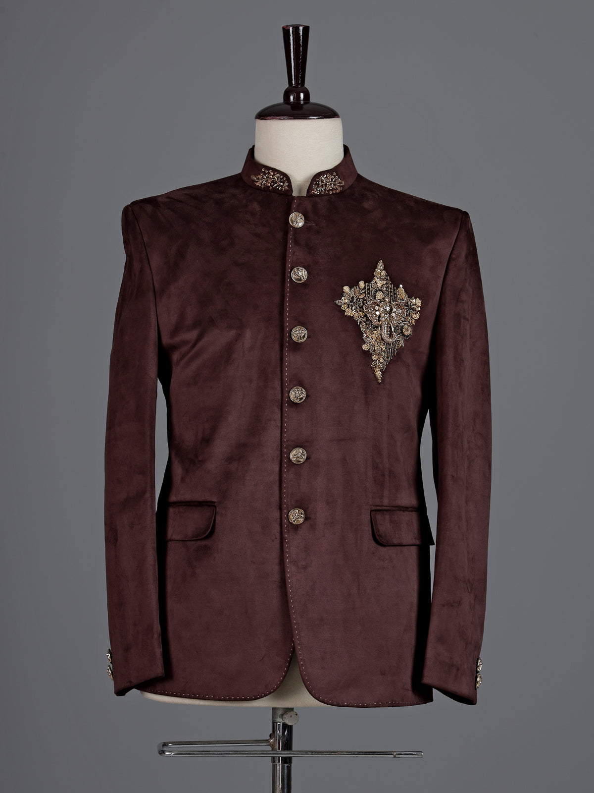 Royal brown micro velvet Jodhpuri suit for men with crest