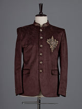 Royal brown micro velvet Jodhpuri suit for men with crest
