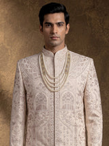 Off white raw silk sherwani for men with heavy zardosi
