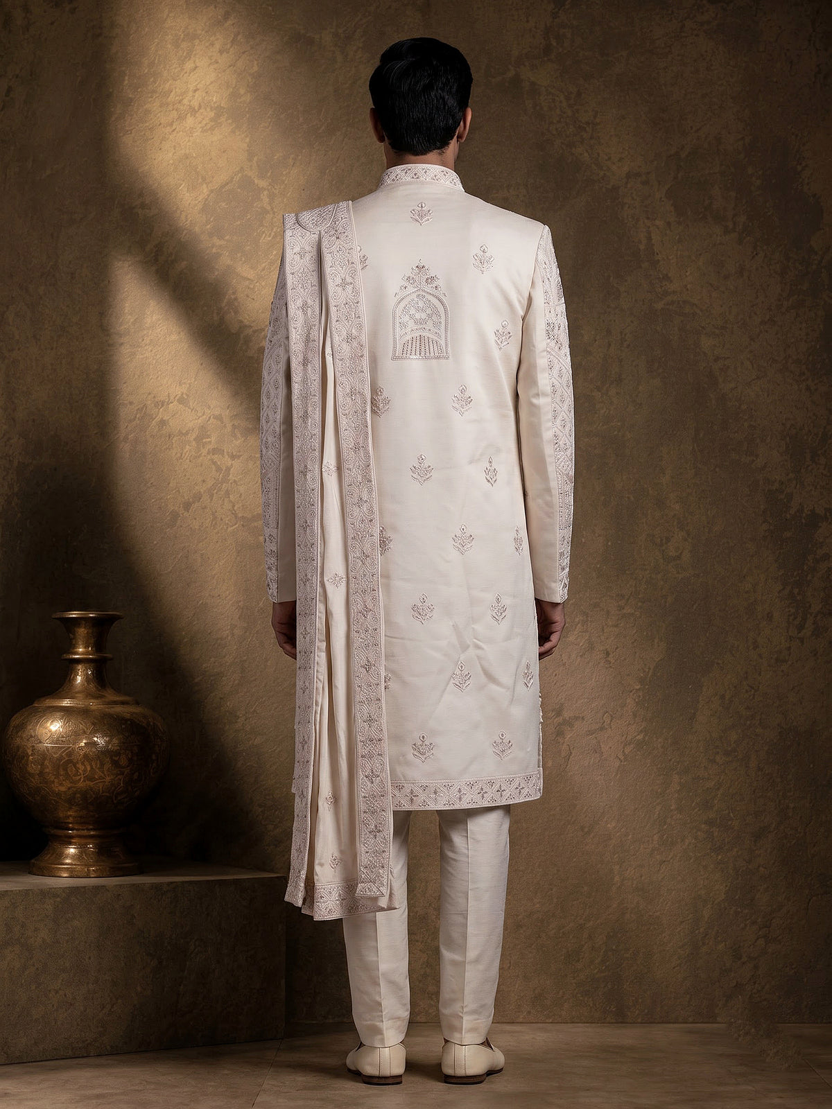 Off white raw silk sherwani for men with heavy zardosi