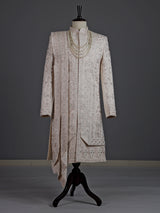 Off white raw silk sherwani for men with heavy zardosi