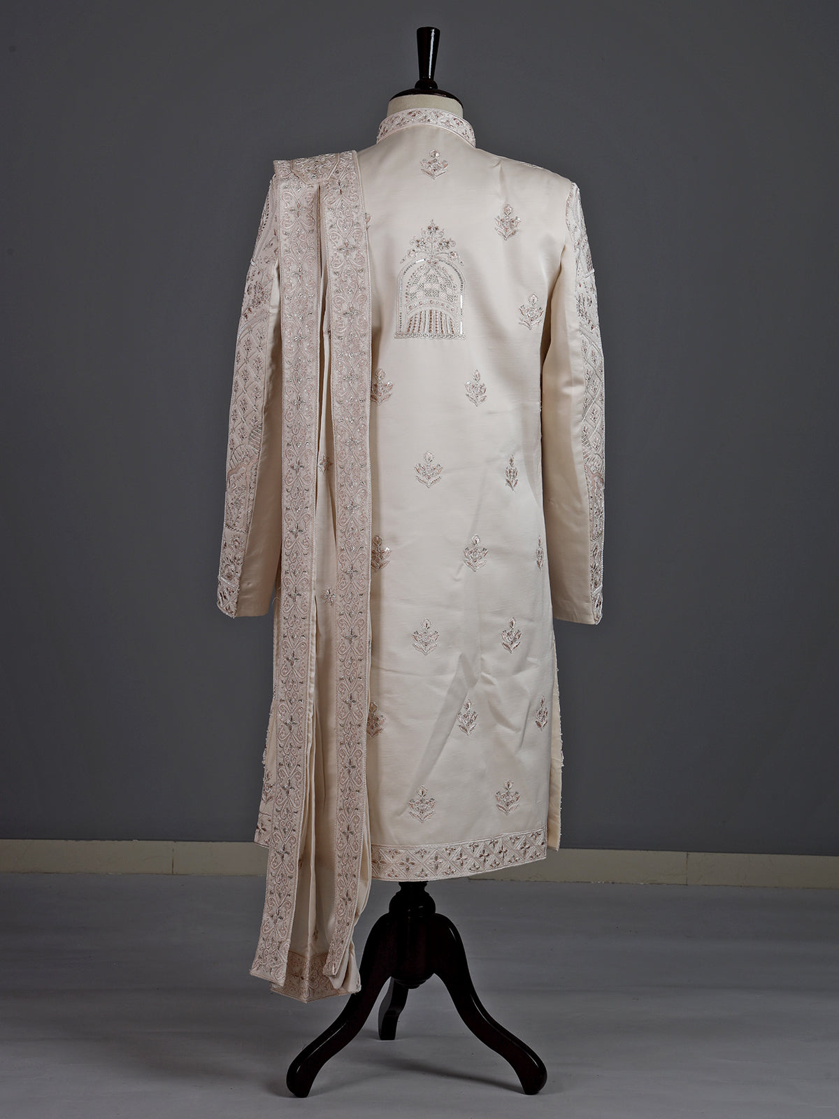 Off white raw silk sherwani for men with heavy zardosi