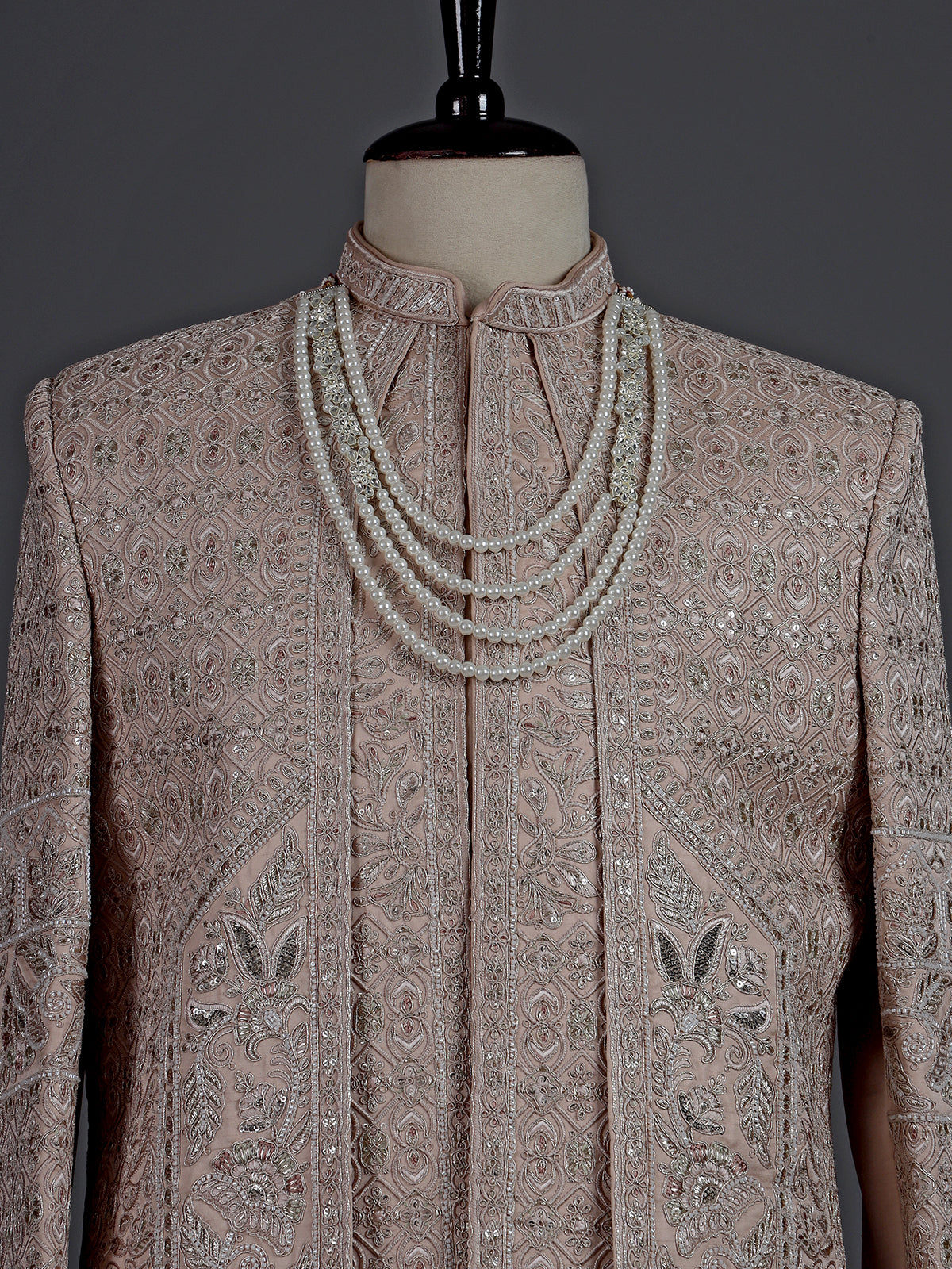 Blush beige raw silk sherwani for men with embellished jacket