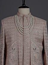 Blush beige raw silk sherwani for men with embellished jacket