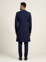 Navy terry rayon sherwani for men with zardosi collar detailing