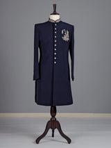 Navy terry rayon sherwani for men with zardosi collar detailing