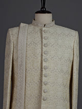 Elegant cream cotton poly sherwani for men with embellished dupatta