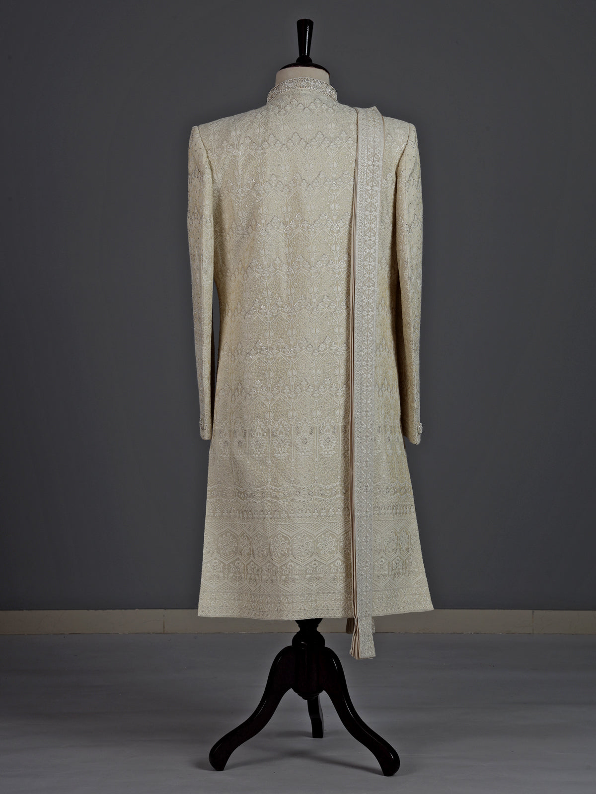 Elegant cream cotton poly sherwani for men with embellished dupatta