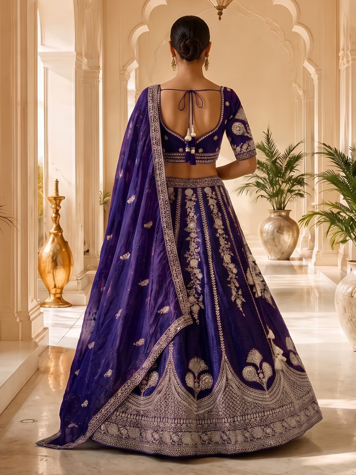 Purple raw silk lehenga choli with resham sequins detailing