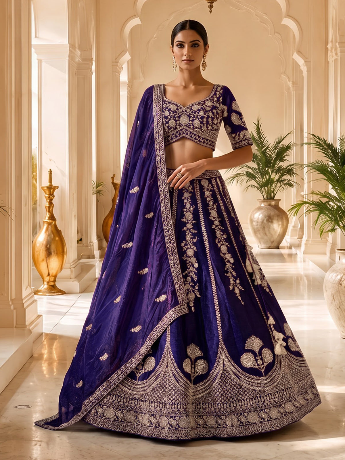 Purple raw silk lehenga choli with resham sequins detailing