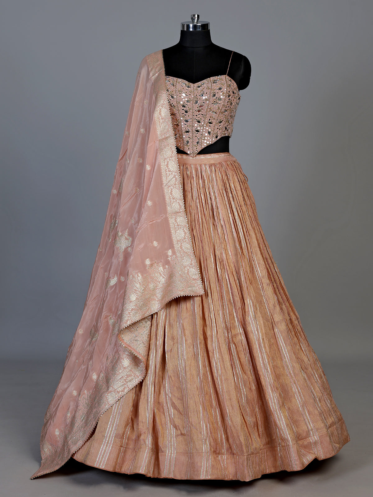Peach chiffon silk designer lehenga choli with embellished dupatta