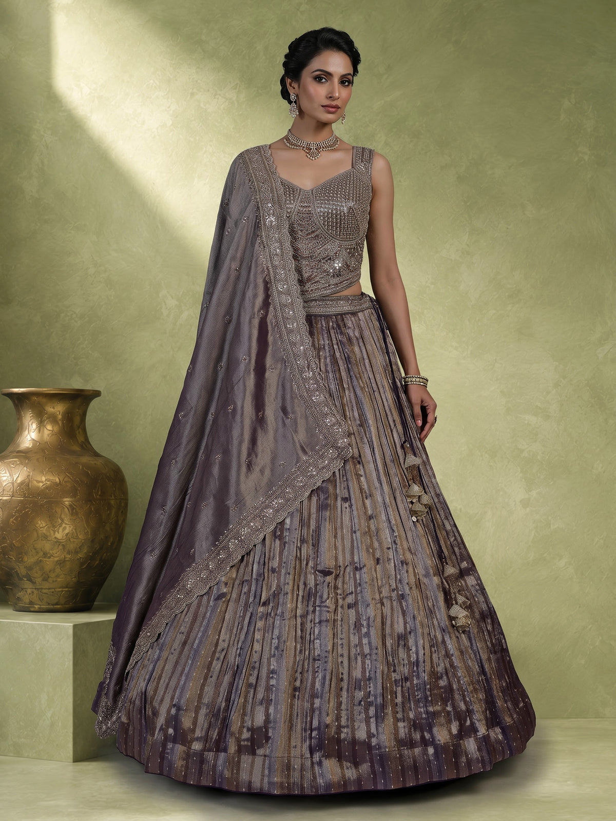 Pastel purple tissue silk lehenga choli with elegant dupatta