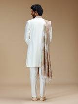 Off white polyester zardosi embroidered sherwani with dupatta for men