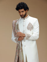 Off white polyester zardosi embroidered sherwani with dupatta for men
