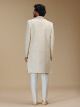 Cream brocade silk royal patterned sherwani with pants for men