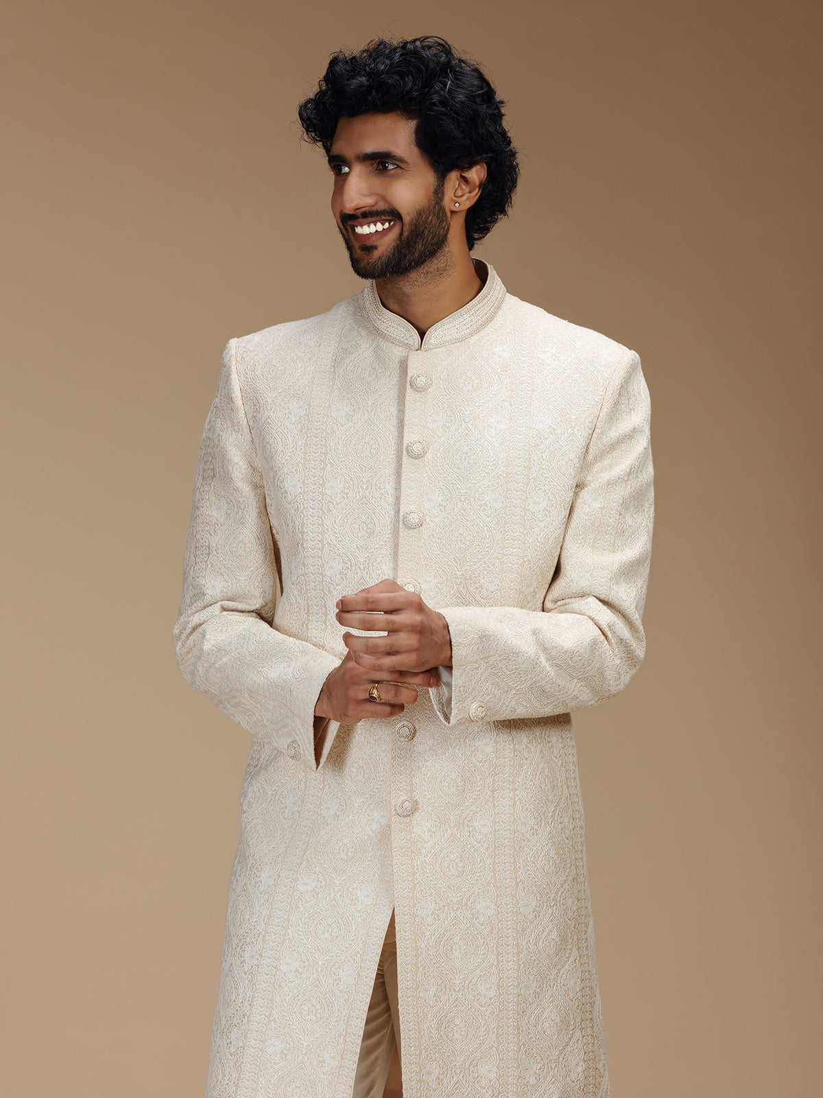 Cream brocade silk royal patterned sherwani with pants for men