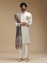 Off white linen silk embroidered sherwani with dupatta for men