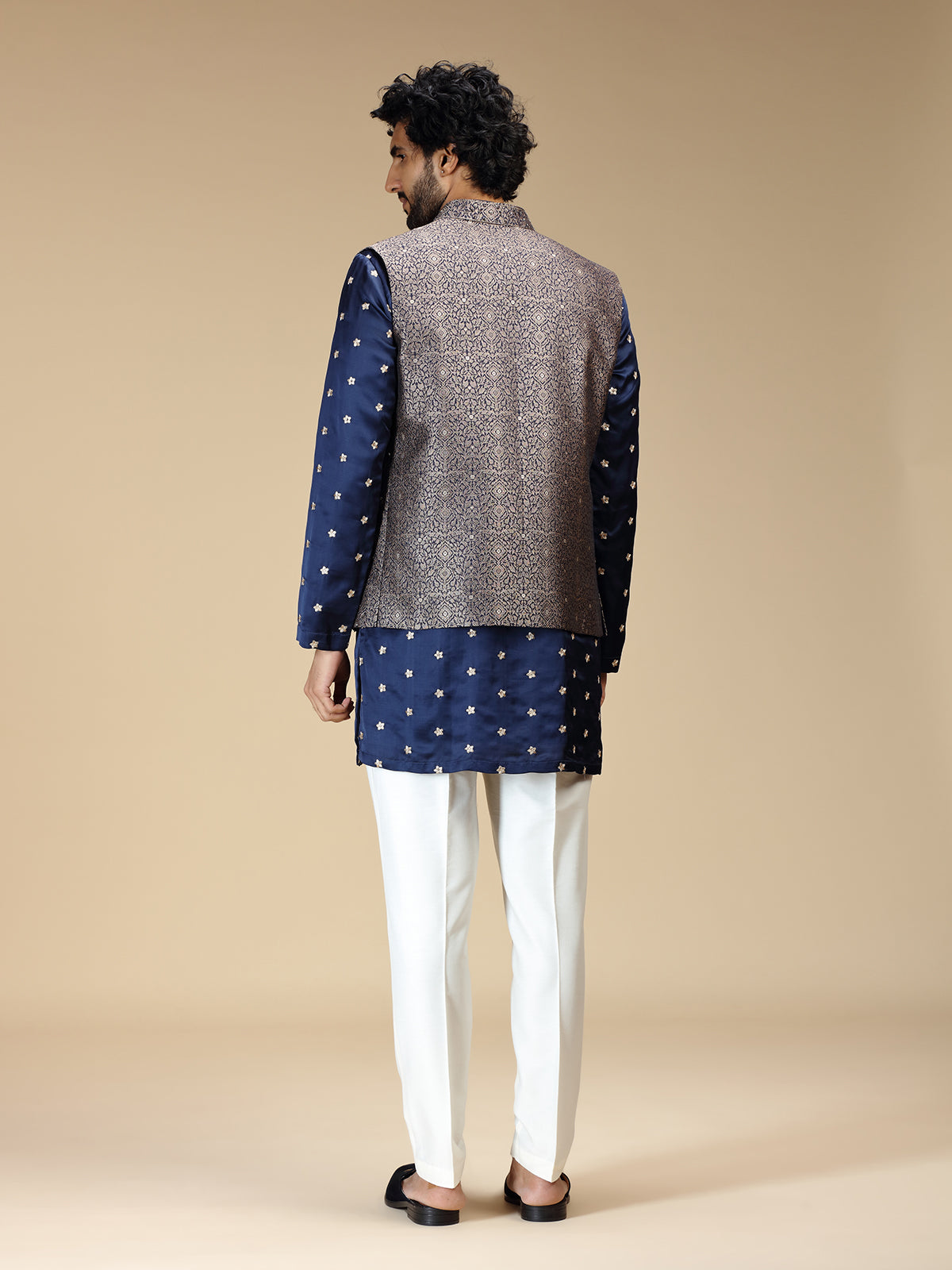 Navy blue silk embellished waistcoat set for men