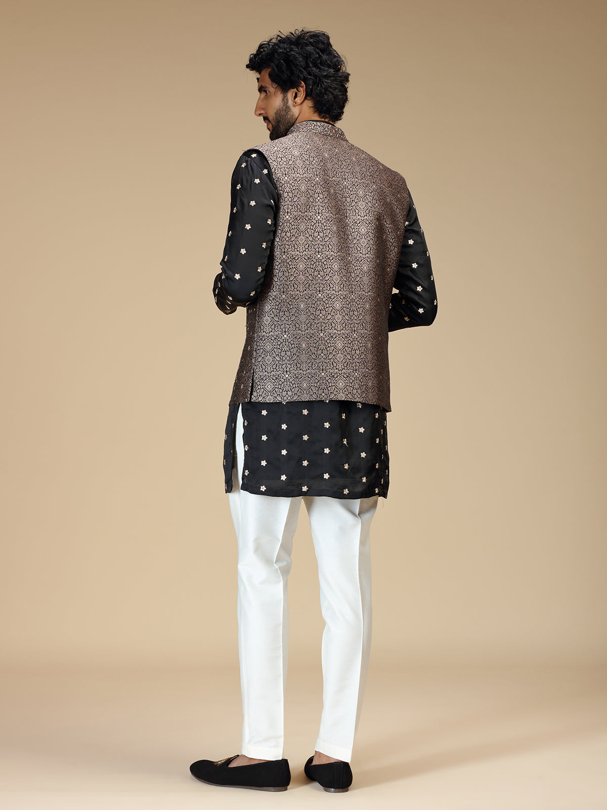 Black silk embellished waistcoat set for men