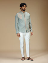 Mint green linen embroidered waistcoat set for men