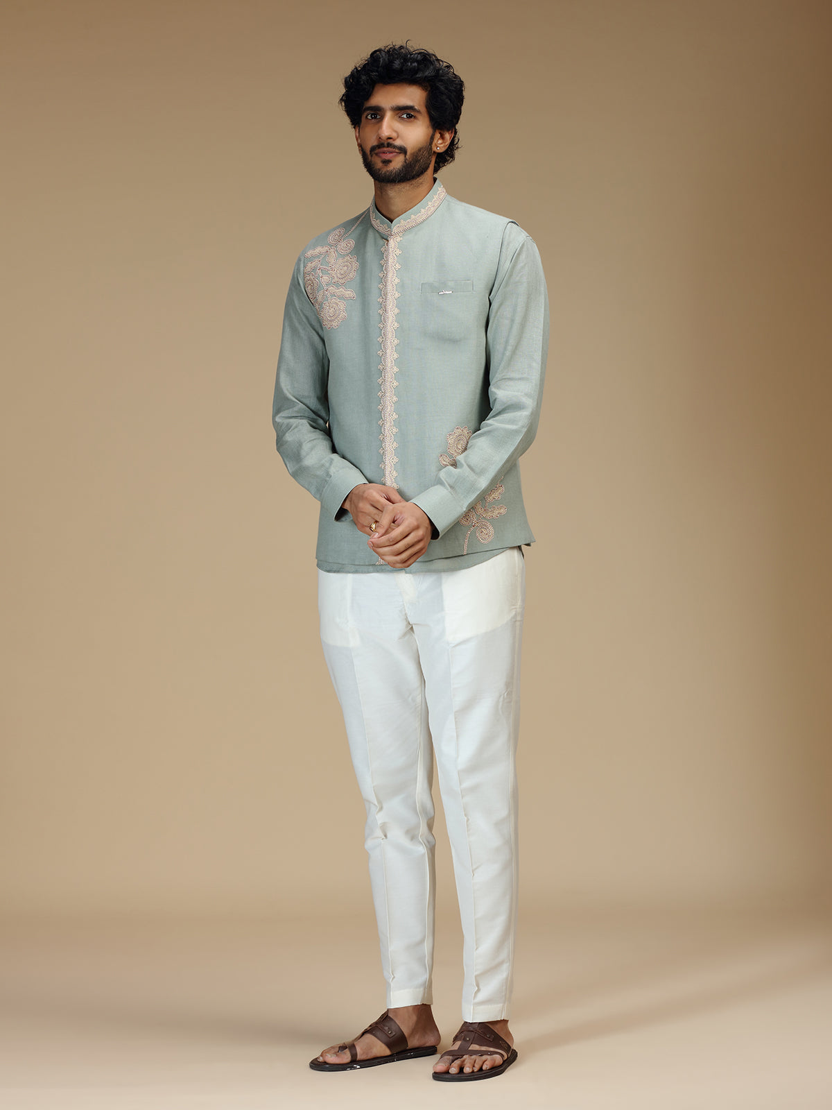 Mint green linen embroidered waistcoat set for men