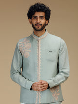 Mint green linen embroidered waistcoat set for men