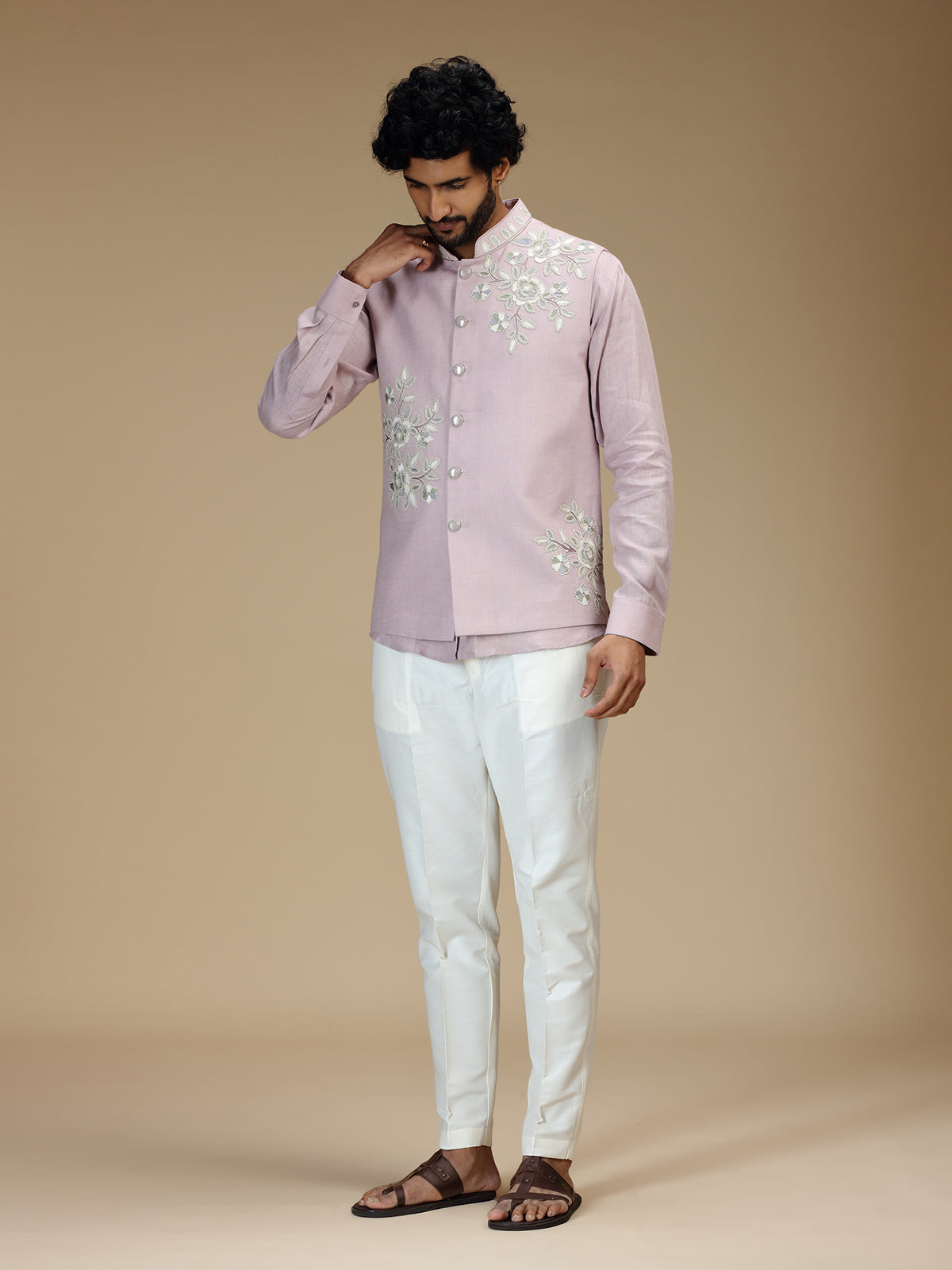 Lilac purple linen floral waistcoat set for men