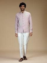 Lilac purple linen floral waistcoat set for men