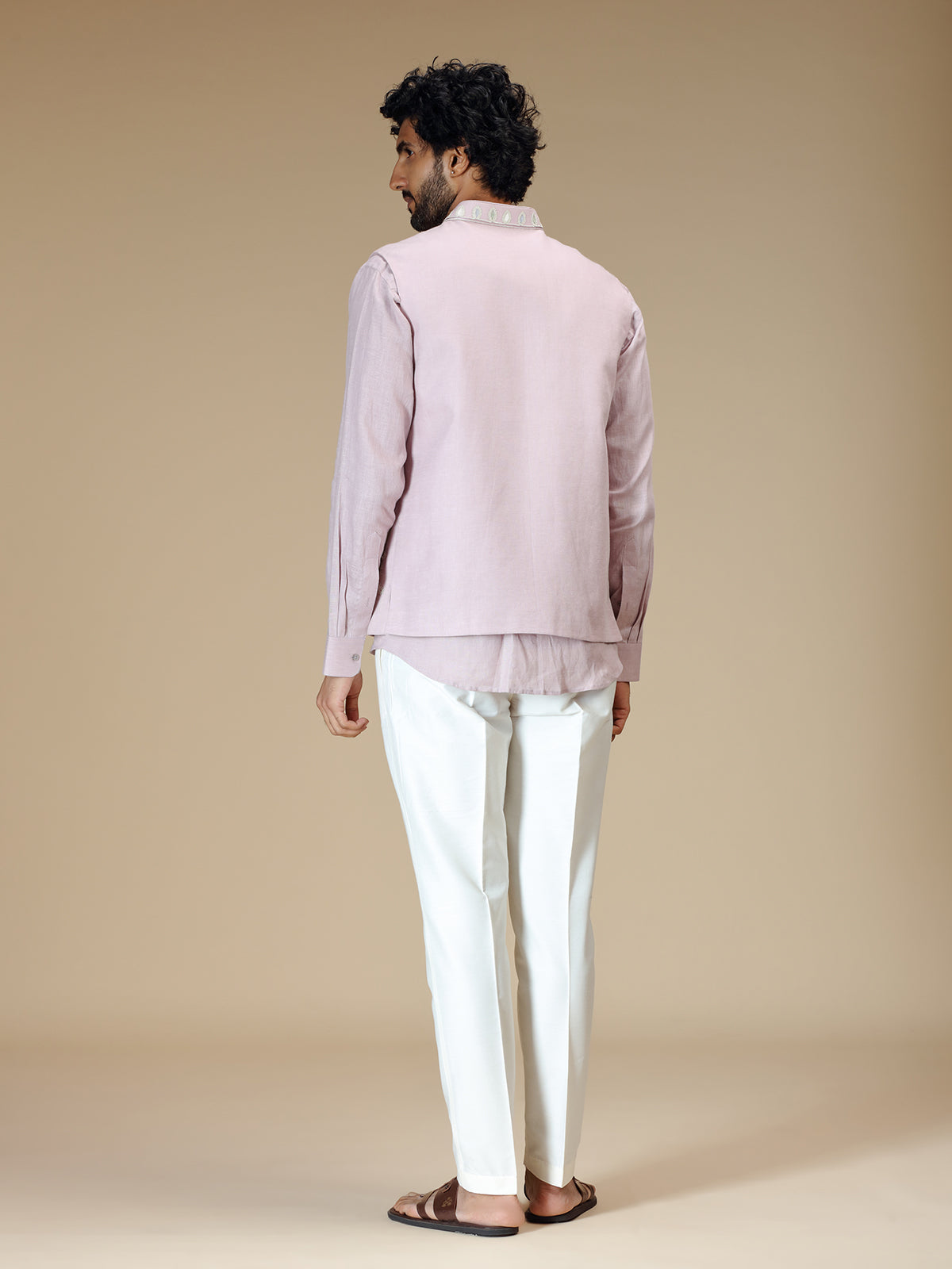 Lilac purple linen floral waistcoat set for men