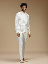 Cream linen floral embroidered waistcoat set for men