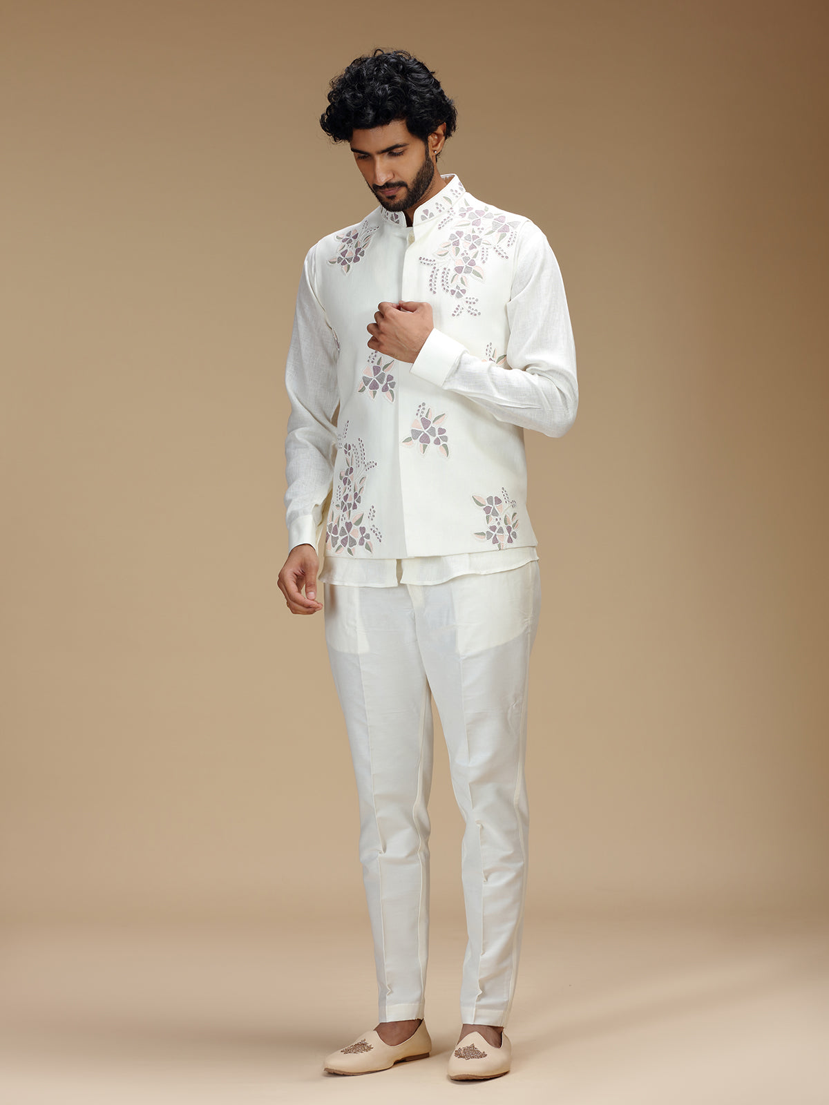 Cream linen floral embroidered waistcoat set for men